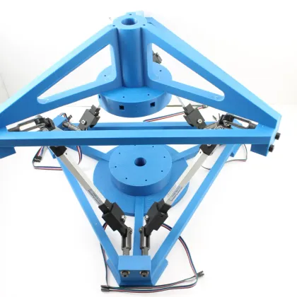 A fully assembled delta-robot frame, 3D-printed in blue